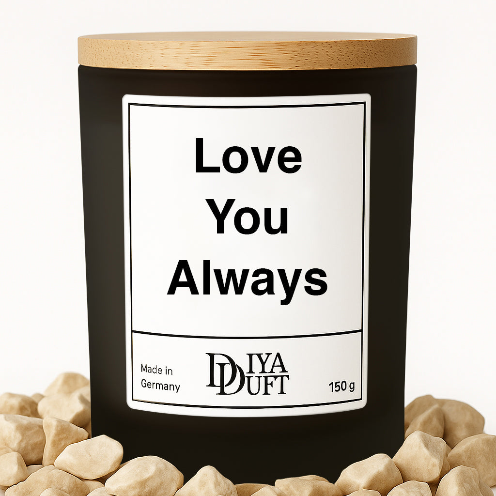 Kerze aus Sojawachs – „Love You Always“ – Frosted Glas & Bambusdeckel