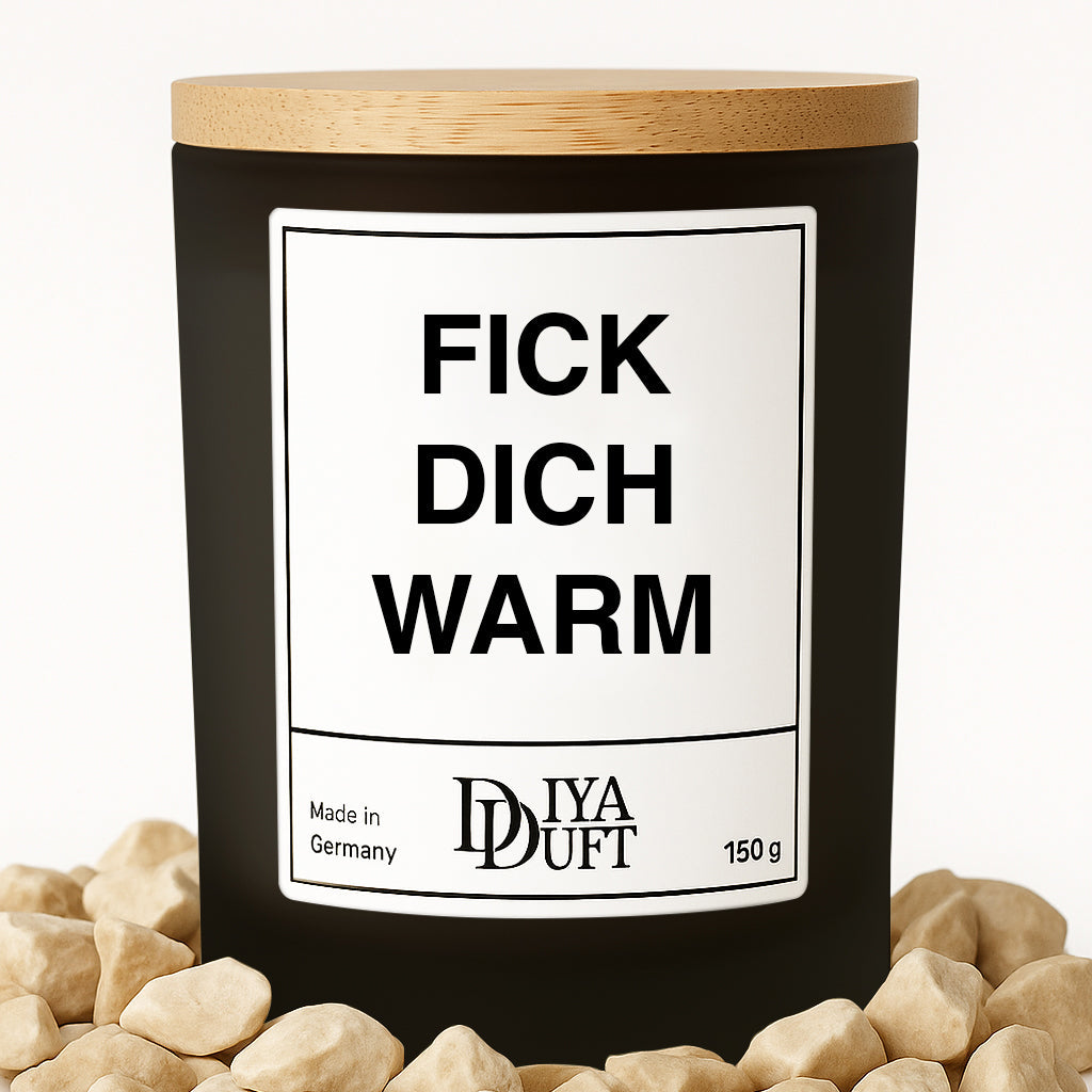 Kerze aus Sojawachs – „FICK DICH WARM“ – Frosted Glas & Bambusdeckel