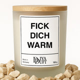 Kerze aus Sojawachs – „FICK DICH WARM“ – Frosted Glas & Bambusdeckel
