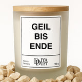 Kerze aus Sojawachs – „GEIL BIS ENDE“ – Frosted Glas & Bambusdeckel