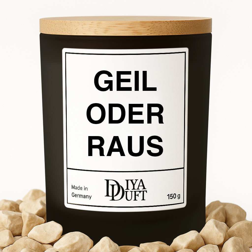Kerze aus Sojawachs – „GEIL ODER RAUS“ – Frosted Glas & Bambusdeckel