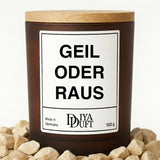 Kerze aus Sojawachs – „GEIL ODER RAUS“ – Frosted Glas & Bambusdeckel