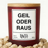 Kerze aus Sojawachs – „GEIL ODER RAUS“ – Frosted Glas & Bambusdeckel