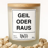 Kerze aus Sojawachs – „GEIL ODER RAUS“ – Frosted Glas & Bambusdeckel