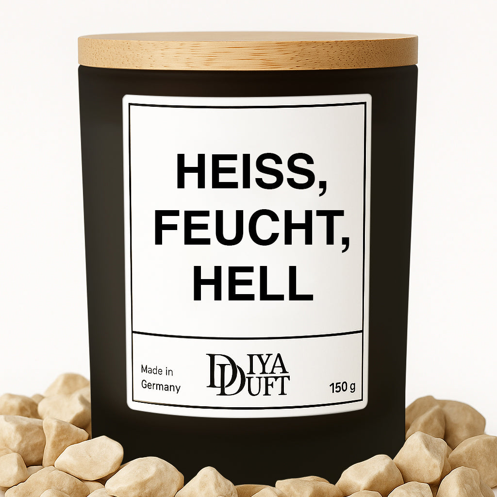 Kerze aus Sojawachs – „HEISS, FEUCHT, HELL“ – Frosted Glas & Bambusdeckel