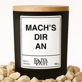 Kerze aus Sojawachs – „MACH’S DIR AN“ – Frosted Glas & Bambusdeckel