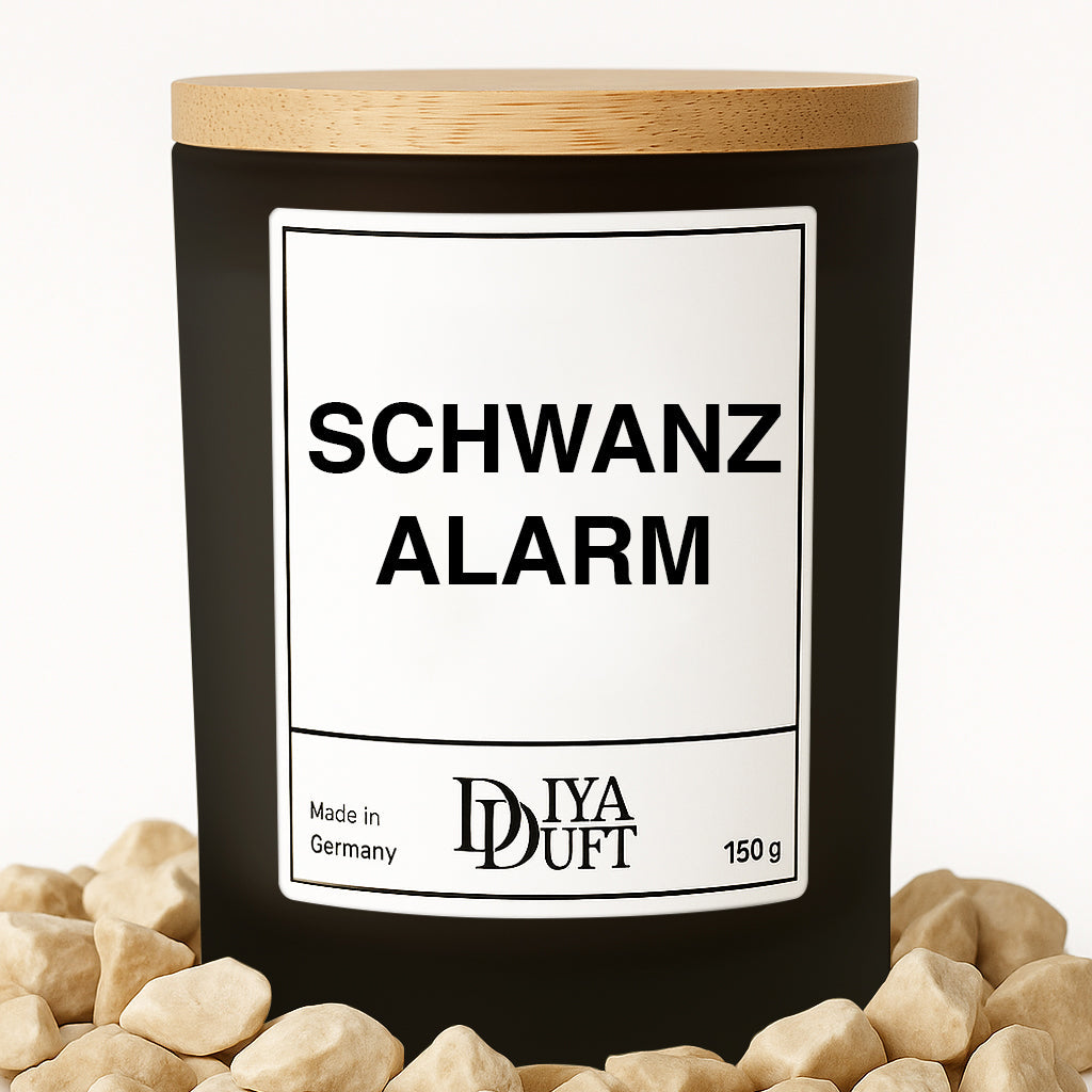 Kerze aus Sojawachs – „SCHWANZ ALARM“ – Frosted Glas & Bambusdeckel