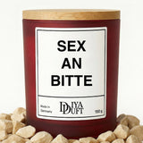 Kerze aus Sojawachs – „SEX AN BITTE“ – Frosted Glas & Bambusdeckel