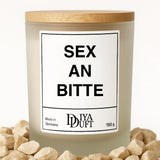 Kerze aus Sojawachs – „SEX AN BITTE“ – Frosted Glas & Bambusdeckel
