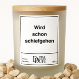 Kerze aus Sojawachs – „Wird schon schiefgehen“ – Frosted Glas, Bambusdeckel
