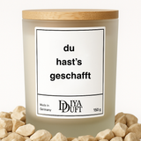 Kerze aus Sojawachs – „du hast's geschafft“ – Frosted Glas, Bambusdeckel