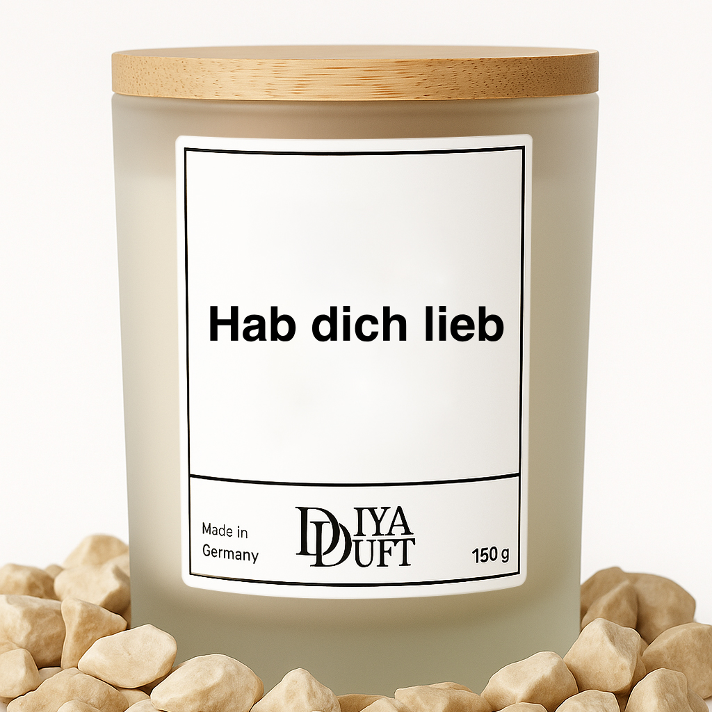 Kerze aus Sojawachs – „Hab dich lieb“ – Frosted Glas, Bambusdeckel