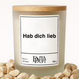 Kerze aus Sojawachs – „Hab dich lieb“ – Frosted Glas, Bambusdeckel