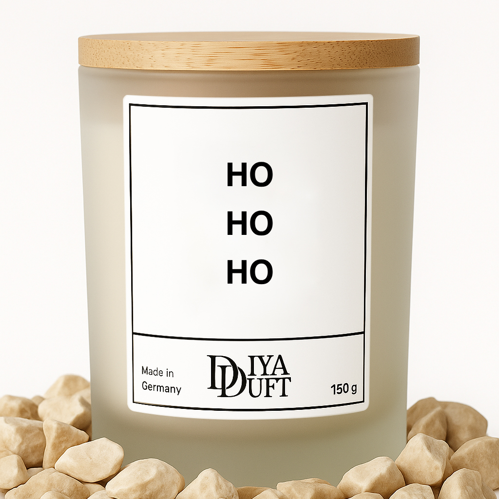 Kerze aus Sojawachs – "HO HO HO“ – Frosted Glas, Bambusdeckel