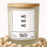 Kerze aus Sojawachs – "HO HO HO“ – Frosted Glas, Bambusdeckel